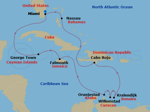 12 Night - Radiant Island Retreats - Oceania Allura - Starting in Miami, George Town, Falmouth, Oranjestad, Willemstad AN, Kralendijk, Cabo Rojo, Nassau, Miami itinerary map
