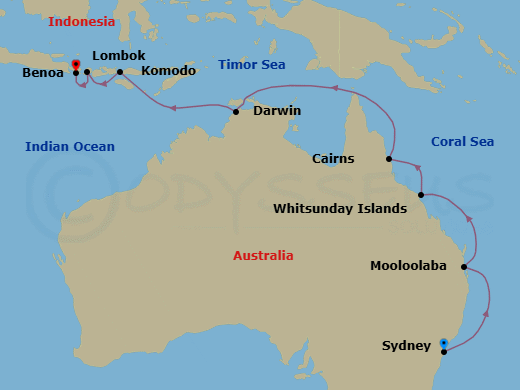 15 Night - Koalas to Komodos - Oceania Vista - Starting in Sydney AU, Mooloolaba, Whitsunday Island (Airlie Beach), Cairns, Darwin, Komodo, Lombok (Lembar), Bali (Benoa) itinerary map