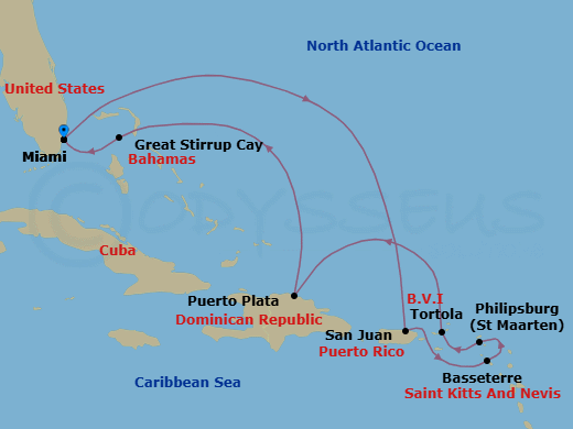 10 Night - Golden Caribbean Strands - Oceania Marina - Starting in Miami, San Juan, Basseterre, Philipsburg, Tortola, Puerto Plata, Dominican Republic, Great Stirrup Cay, Miami itinerary map