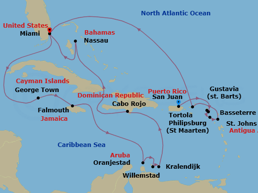 20 Night - Sju to Mia - Oceania Allura - Starting in San Juan, Gustavia, Philipsburg, Basseterre, St Johns AG, Tortola, Miami, George Town, Falmouth, Oranjestad, Willemstad AN, Kralendijk, Cabo Rojo, Nassau, Miami itinerary map
