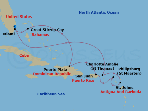 10 Night - Captivating Island Rhythms - Oceania Marina - Starting in Miami, Charlotte Amalie, St Johns, Philipsburg, San Juan, Puerto Plata, Dominican Republic, Great Stirrup Cay, Miami itinerary map