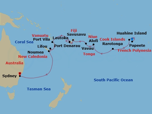 18 Night - Pearls of Melanesia - Oceania Vista - Starting in Papeete (Tahiti), Huahine, Rarotonga, Alofi, Crossing the International Date Line, Vavau (Neiafu), Savusavu, Port Denarau, Lautoka, Port Vila (Efate), Lifou Island, Noumea, Sydney AU itinerary map