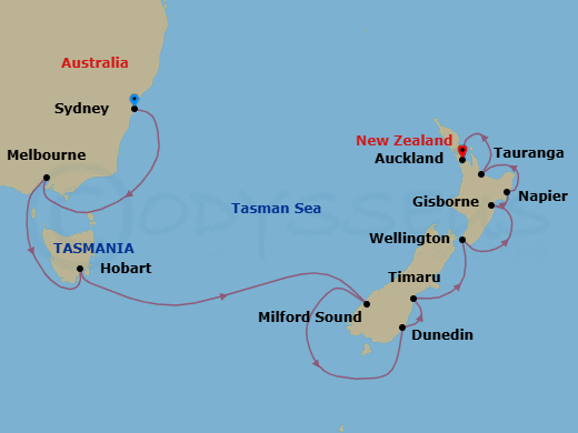 14 Night - Aussie & Kiwi Mementos - Oceania Riviera - Starting in Sydney AU, Melbourne, Hobart (Tasmania), Cruising the Fjords of Milford Sound, Dunedin, Timaru, Wellington, Napier, Gisborne, Rotorua (Tauranga), Auckland itinerary map