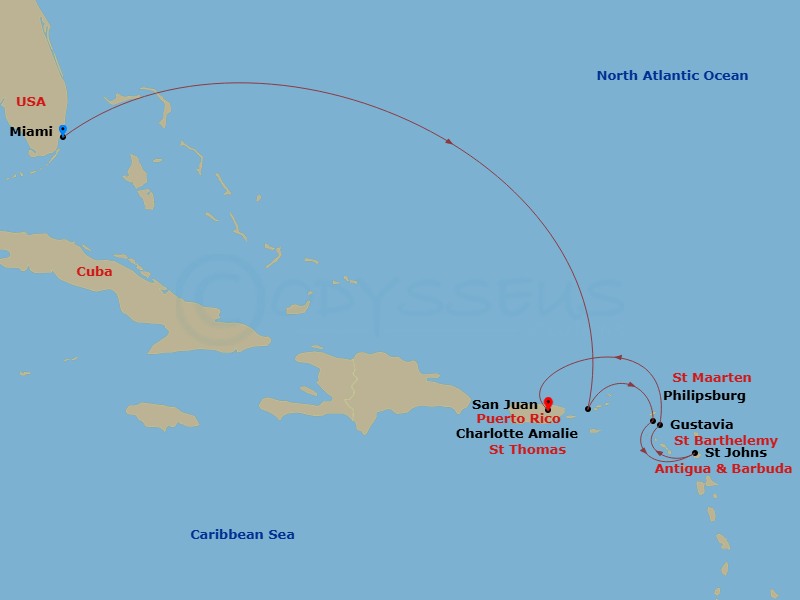 Oceania Allura - 7 Night - Yachtsman's Harbors - Oceania Allura - Starting in Miami, Charlotte Amalie, Philipsburg, St Johns, Gustavia, San Juan itinerary map