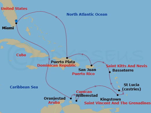 12 Night - Exotic Caribbean Escape - Oceania Marina - Starting in Miami, Oranjestad, Willemstad AN, Kingstown, Castries, Basseterre, San Juan, Puerto Plata, Dominican Republic, Miami itinerary map