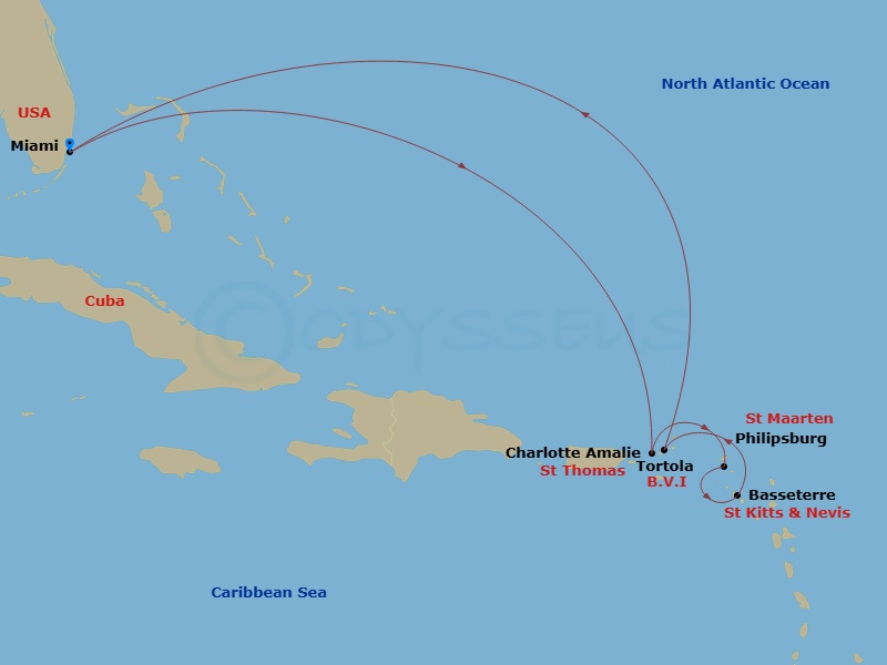 Oceania Allura - 9 Night - Alluring Antilles - Oceania Allura - Starting in Miami, Charlotte Amalie, Philipsburg, Basseterre, Tortola, Miami itinerary map