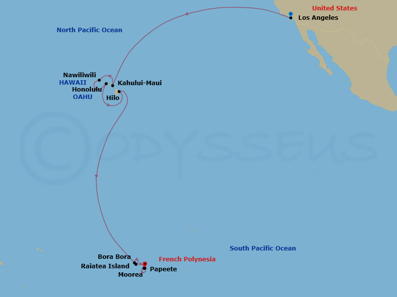 18 Night - Idyllic Pacific Wonders - Oceania Vista - Starting in Los Angeles, Kahului, Nawiliwili, Honolulu, Hilo, Bora Bora, Raiatea, Moorea, Papeete (Tahiti) itinerary map