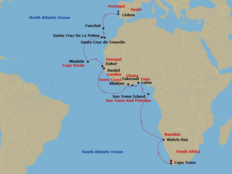 24 Night - Mystical Atlantic Africa - Oceania Sirena - Starting in Lisbon, Funchal (Madeira), Santa Cruz de La Palma, Santa Cruz de Tenerife, Mindelo (Sao Vicente), Dakar, Banjul, Abidjan, Sekondi / Takoradi, Lome, Sao Tome, Walvis Bay, Cape Town itinerary map