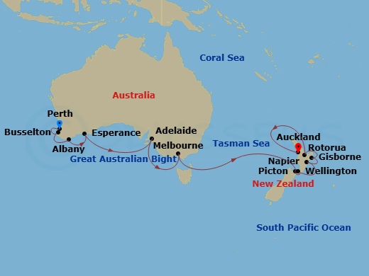 17 Night - Tasman Sea Embrace - Oceania Riviera - Starting in Perth (Fremantle), Busselton, Albany AU, Esperance, Adelaide, Melbourne, Picton, Wellington, Napier, Gisborne, Rotorua (Tauranga), Auckland itinerary map