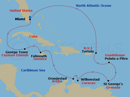 13 Night - Bountiful Caribbean - Oceania Allura - Starting in Miami, George Town, Falmouth, Oranjestad, Willemstad AN, St Georges, Pointe-a-Pitre, Tortola, Miami itinerary map