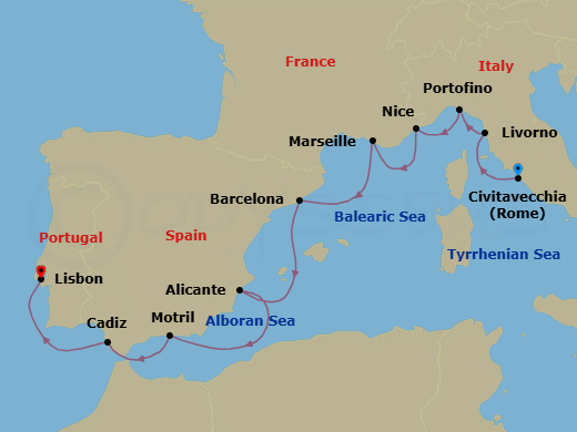10 Night - Invitation to Iberia - Oceania Sirena - Starting in Rome (Civitavecchia), Florence / Pisa / Tuscany (Livorno), Portofino, Nice, Provence (Marseille), Barcelona, Alicante, Granada (Motril), Seville (Cadiz), Lisbon itinerary map