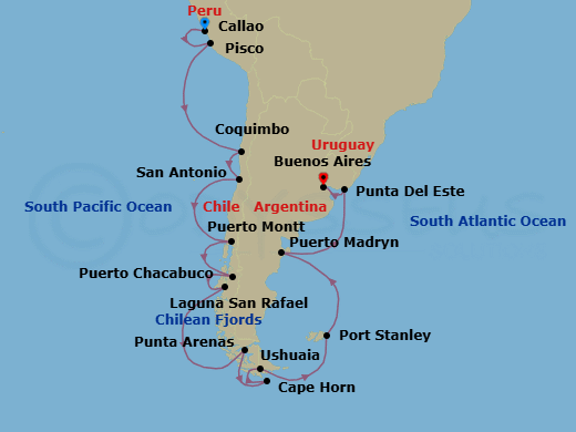 21 Night - Patagonian Panorama - Oceania Insignia - Starting in Lima / Machu Picchu (Callao), Pisco / Nazca Lines, Coquimbo, Santiago De Chile (San Antonio CL), Puerto Montt, Puerto Chacabuco, Laguna San Raphael, Cruising the Chilean Fjords, Punta Arenas, Cruising Around Cape Horn, Ushuaia, Port Stanley, Falkland Islands, Puerto Madryn, Punta Del Este, Buenos Aires itinerary map