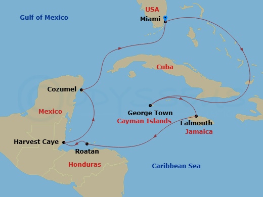 Oceania Vista - 9 Night - Calypso Sunsets - Oceania Vista - Starting in Miami, George Town, Falmouth, Roatan, Harvest Caye, Cozumel, Mexico, Miami itinerary map