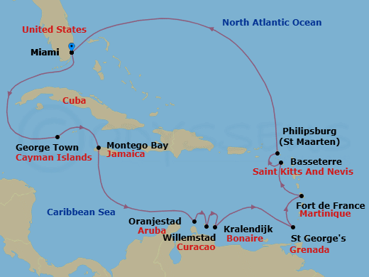 14 Night - Caribbean Celebration - Oceania Marina - Starting in Miami, George Town, Montego Bay, Oranjestad, Willemstad AN, Kralendijk, St Georges, Fort-de-France, Basseterre, Philipsburg, Miami itinerary map