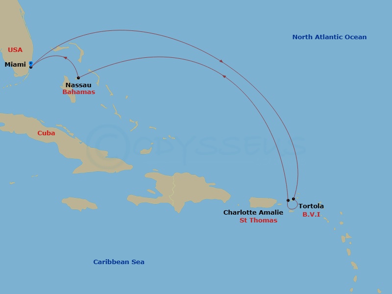 Oceania Vista - 7 Night - Balmy Island Holiday - Oceania Vista - Starting in Miami, Tortola, Charlotte Amalie, Nassau, Miami itinerary map