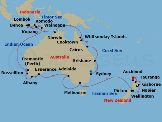 40 Night - Corals & Kiwi Coasts - Oceania Riviera - Starting in Sydney AU, Brisbane, Whitsunday Island (Airlie Beach), Cairns, Cooktown, Darwin, Komodo, Bali (Benoa), Lombok (Lembar), Waingapu (Sumba), Kupang, West Timor, Perth (Fremantle), Busselton, Albany AU, Esperance, Adelaide, Melbourne, Picton, Wellington, Napier, Gisborne, Rotorua (Tauranga), Auckland itinerary map