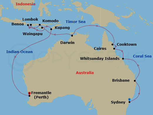 23 Night - Australasian Allure - Oceania Riviera - Starting in Sydney AU, Brisbane, Whitsunday Island (Airlie Beach), Cairns, Cooktown, Darwin, Komodo, Bali (Benoa), Lombok (Lembar), Waingapu (Sumba), Kupang, West Timor, Perth (Fremantle) itinerary map