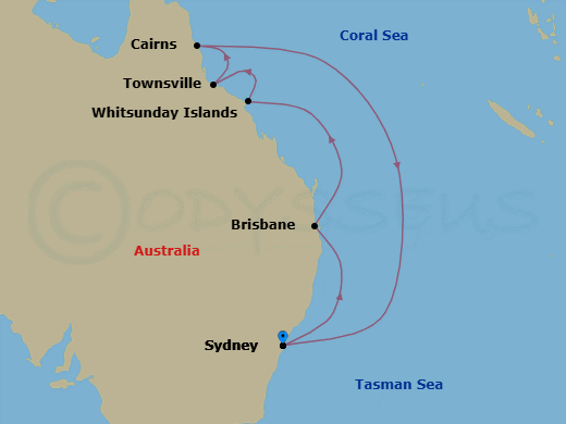 12 Night - Outback Byways - Oceania Riviera - Starting in Sydney AU, Brisbane, Whitsunday Island (Airlie Beach), Townsville, Cairns, Sydney AU itinerary map