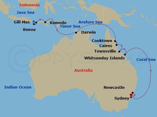 16 Night - Bali to Barrier Reefs - Oceania Riviera - Starting in Bali (Benoa), Gili Mas (Lombok), Komodo, Darwin, Cooktown, Cairns, Townsville, Whitsunday Island (Airlie Beach), Newcastle AU, Sydney AU itinerary map