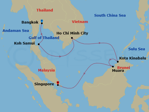 10 Night - Temples & Tropical Isles - Oceania Nautica - Starting in Bangkok, Ko Samui, Ho Chi Minh City (Phu My), Kota Kinabalu (Borneo), Muara, Singapore itinerary map