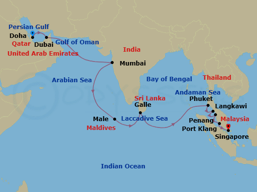 21 Night - Minarets to Mandalas - Oceania Nautica - Starting in Doha, Dubai, Mumbai, Male, Galle, Phuket, Langkawi, Penang, Kuala Lumpur (Port Klang), Singapore itinerary map
