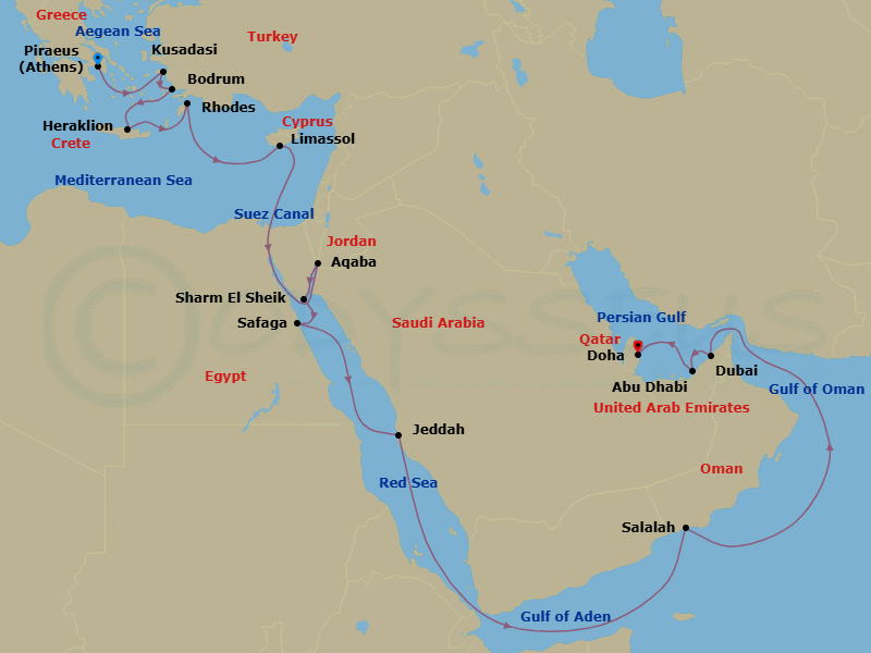 21 Night - Kingdoms of Sea & Sand - Oceania Nautica - Starting in Athens (Piraeus), Ephesus (Kusadasi), Bodrum, Heraklion (Crete), Rhodes, Limassol, Suez Canal (Transit), Aqaba, Sharm El-Sheikh, Luxor (Safaga), Jeddah, Salalah, Dubai, Abu Dhabi, Doha itinerary map