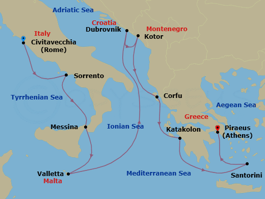 10 Night - Dazzling Mediterranean - Oceania Nautica - Starting in Rome (Civitavecchia), Sorrento / Capri, Messina (Sicily), Valletta, Dubrovnik, Croatia, Kotor, Corfu, Katakolon, Santorini, Athens (Piraeus) itinerary map