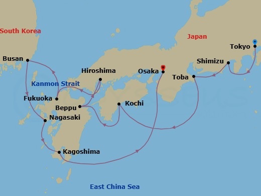 12 Night - Exploration of Japan & South Korea - Seabourn Encore - Starting in Tokyo, Japan, Shimizu, Japan, Toba, Japan, Kochi, Japan, Beppu, Japan, Hiroshima, Japan, Scenic Cruising Kanmon Straits, Fukuoka (Hakata), Japan, Busan (Pusan), South Korea, Nagasaki, Japan, Kagoshima, Japan, Osaka, Japan itinerary map