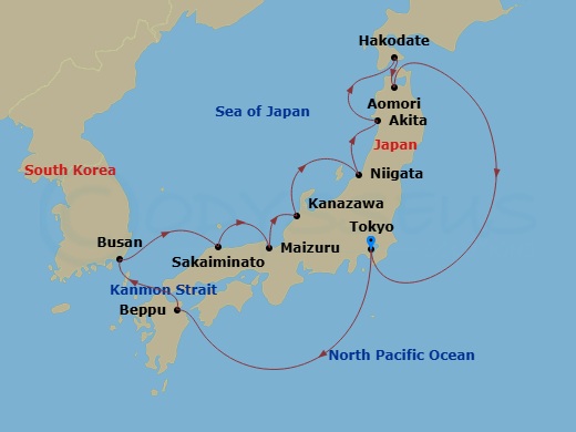 Seabourn Encore - 14 Night - Japan's Crafts & Cherry Blossoms - Seabourn Encore - Starting in Tokyo, Japan, Beppu, Japan, Scenic Cruising Kanmon Straits, Busan (Pusan), South K.. itinerary map