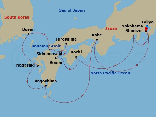 Seabourn Encore - 14 Night - Japan's Crafts & Cherry Blossoms - Seabourn Encore - Starting in Tokyo, Japan, Kobe, Japan, Kagoshima, Japan, Nagasaki, Japan, Busan (Pusan), South.. itinerary map