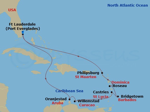 Island Princess - 12 Night - Southern Caribbean with Aruba - Island Princess - Starting in Fort Lauderdale, Florida, Aruba, Curacao, St Lucia, Barbados, Dominica, St Maarten, F.. itinerary map