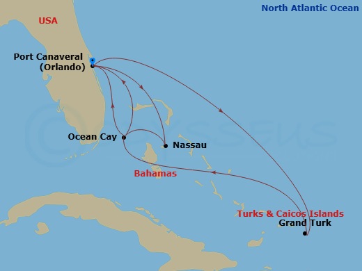 MSC Seashore - 9 Night - Caribbean and Antilles - MSC Seashore - Starting in Port Canaveral (Orlando), Florida, Grand Turk Island Turks and Caicos, Ocean Cay Msc Marine Rese.. itinerary map