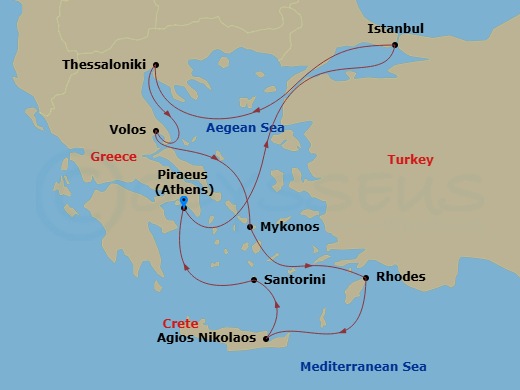 Silver Muse - 11 Night - Athens to Athens - Silver Muse - Starting in Athens (Piraeus), Istanbul, Thessaloniki, Volos, Mykonos, Rhodes, Aghios Nikolaos, Crete, Santorini, A.. itinerary map