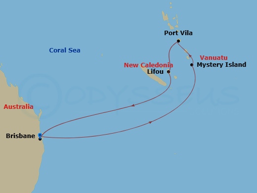 Carnival Encounter - 8 Night - Vanuatu & New Caledonia - Carnival Encounter - Starting in Brisbane, Australia, Mystery Island, Vanuatu, Vila, Vanuatu, Lifou, New Caledonia, Brisba.. itinerary map