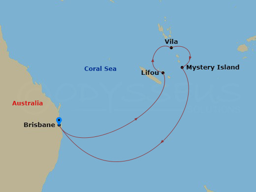 Carnival Encounter - 8 Night - Vanuatu & New Caledonia - Carnival Encounter - Starting in Brisbane, Australia, Lifou, New Caledonia, Vila, Vanuatu, Mystery Island, Vanuatu, Brisba.. itinerary map