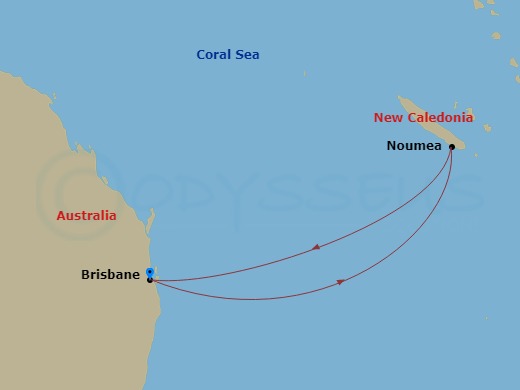 Carnival Encounter - 7 Night - Vanuatu & New Caledonia - Carnival Encounter - Starting in Brisbane, Australia, Noumea, New Caledonia, Lifou, New Caledonia, Vila, Vanuatu, Brisbane.. itinerary map