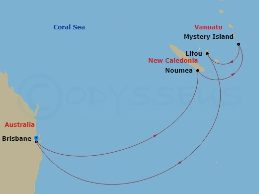 Carnival Encounter - 8 Night - Vanuatu & New Caledonia - Carnival Encounter - Starting in Brisbane, Australia, Noumea, New Caledonia, Mystery Island, Vanuatu, Lifou, New Caledonia.. itinerary map