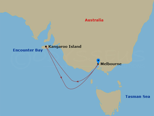 Carnival Adventure - 4 Night - Kangaroo Island - Carnival Adventure - Starting in Melbourne, Australia, Kangaroo Island, Australia, Melbourne, Australia itinerary map