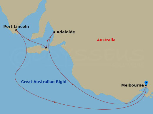 Carnival Adventure - 6 Night - South Australia - Carnival Adventure - Starting in Melbourne, Australia, Port Lincoln, Australia, Kangaroo Island, Australia, Adelaide, Australia, M.. itinerary map