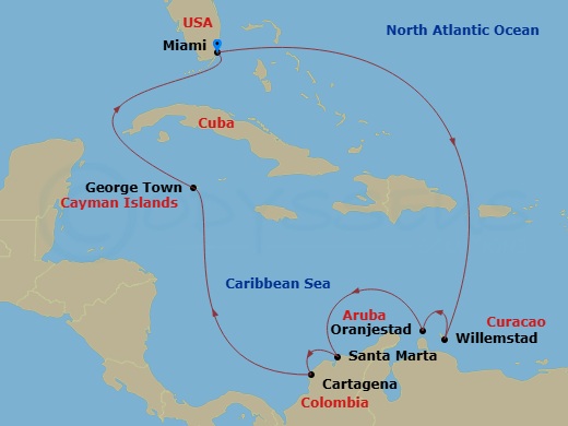 EXPLORA I - 10 Night - A Journey of Caribbean Charm & Spectacular Natural Beauty - EXPLORA I - Starting in Miami, Willemstad AN, Oranjestad, Santa Marta, Cartagena CO, Ge.. itinerary map