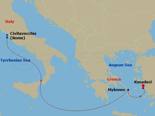 MSC Divina - 3 Night - Mediterranean - MSC Divina - Starting in Civitavecchia (Rome), Italy, Mykonos, Greece, Kusadasi, Turkey itinerary map