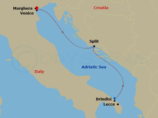 MSC Armonia - 2 Night - Bds - MSC Armonia - Starting in Brindisi (Lecce), Italy, Split, Croatia, Venice / Marghera, Italy itinerary map