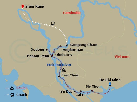 AmaDara - 7 Night - Charms of the Mekong - AmaDara - Starting in Ho Chi Minh City, My Tho, Cai Be, Sa Dec, Tan Chau, Border Crossing, Phnom Penh, Oudong, Phnom Penh, Ok.. itinerary map