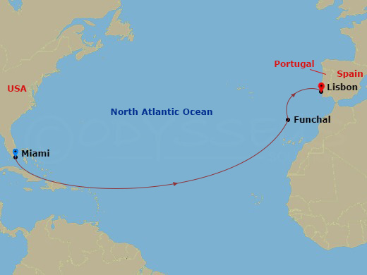 Seabourn Quest - 12 Night - Atlantic Passage - Seabourn Quest - Starting in Miami, Florida, Funchal (Madeira), Portugal, Lisbon, Portugal itinerary map