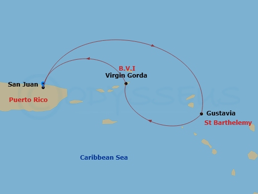 Evrima - 3 Night - San Juan / San Juan - Evrima - Starting in San Juan, Gustavia, Virgin Gorda, San Juan itinerary map