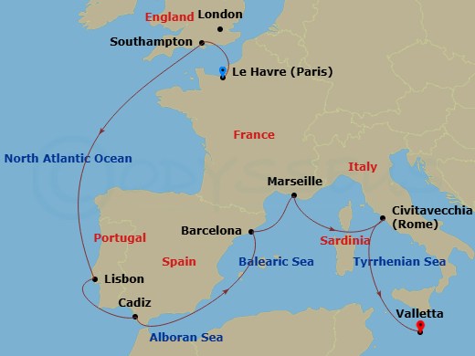 MSC Poesia - 11 Night - Northern Europe - MSC Poesia - Starting in Le Havre (Paris), France, Southampton (London), United Kingdom, Lisbon (Cascais), Portugal, Cadiz (Sevil.. itinerary map