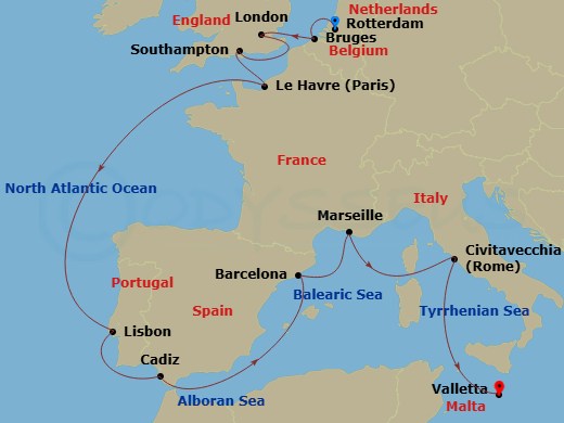 MSC Poesia - 13 Night - Northern Europe - MSC Poesia - Starting in Rotterdam (Amsterdam), Netherlands, Zeebrugge (Bruges), Belgium, Le Havre (Paris), France, Southampton (.. itinerary map