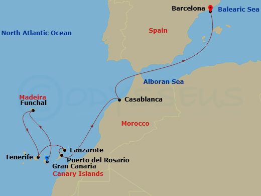 MSC Musica - 8 Night - Canary Islands and Madeira - MSC Musica - Starting in Las Palmas de Gran Canaria (Canary Islands), Spain, Funchal (Madeira Islands), Portugal, Santa.. itinerary map