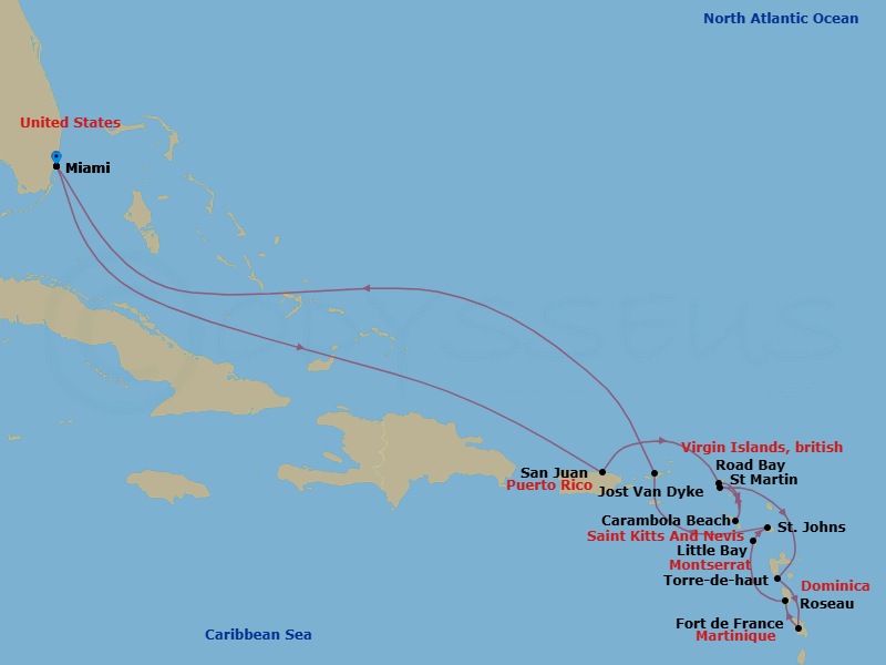 16 Night - Leeward Island Holiday - Seabourn Quest - Starting in Miami, Florida, San Juan, Puerto Rico, Road Bay, Anguilla, Carambola Beach, Saint Kitts and Nevis, Marigot, St Martin, Terre-de-Haut, Iles des Saintes, Guadeloupe, Fort-De-France, Martinique, Rodney Bay, Saint Lucia, Roseau, Dominica, Little Bay, Montserrat, St Johns AG, Antigua, Great Harbour, Jost van Dyke, British Virgin Islands, Miami, Florida itinerary map