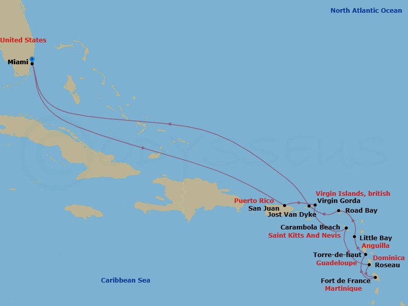 14 Night - Leeward Island Jewels - Seabourn Quest - Starting in Miami, Florida, San Juan, Puerto Rico, Spanish Town, Virgin Gorda, British Virgin Islands, Carambola Beach, Saint Kitts and Nevis, Roseau, Dominica, Fort-De-France, Martinique, Terre-de-Haut, Iles des Saintes, Guadeloupe, Little Bay, Montserrat, Road Bay, Anguilla, Great Harbour, Jost van Dyke, British Virgin Islands, Miami, Florida itinerary map